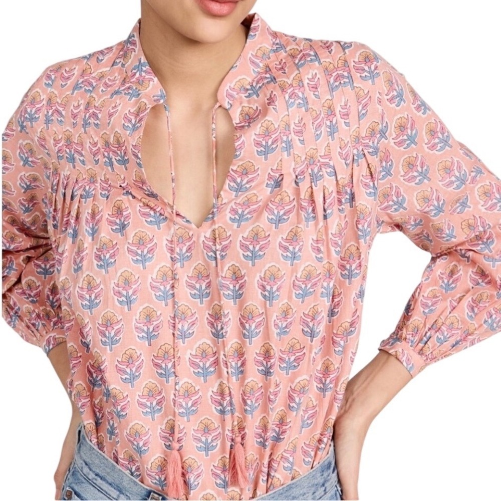 Marea Elizabeth Boho Pink Floral Block Print Cotton Blouse Top Tassel M